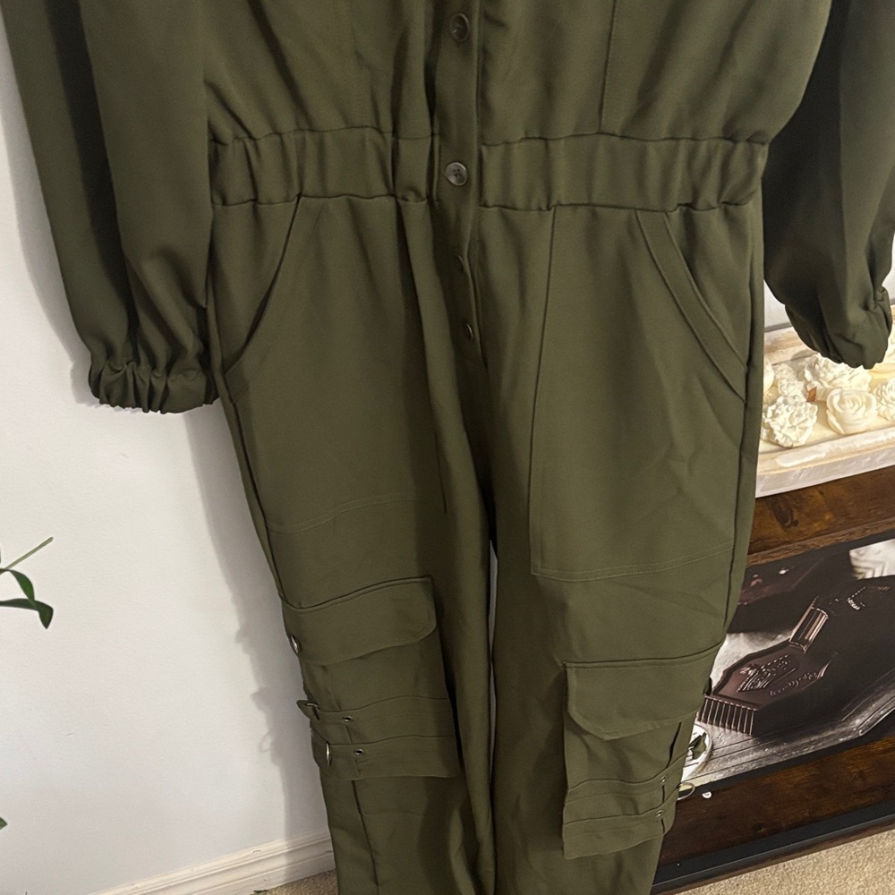Fashion Nova Olive Utility Jumpsuit Size S Cargo Chic One Piece - Picture 7 of 13